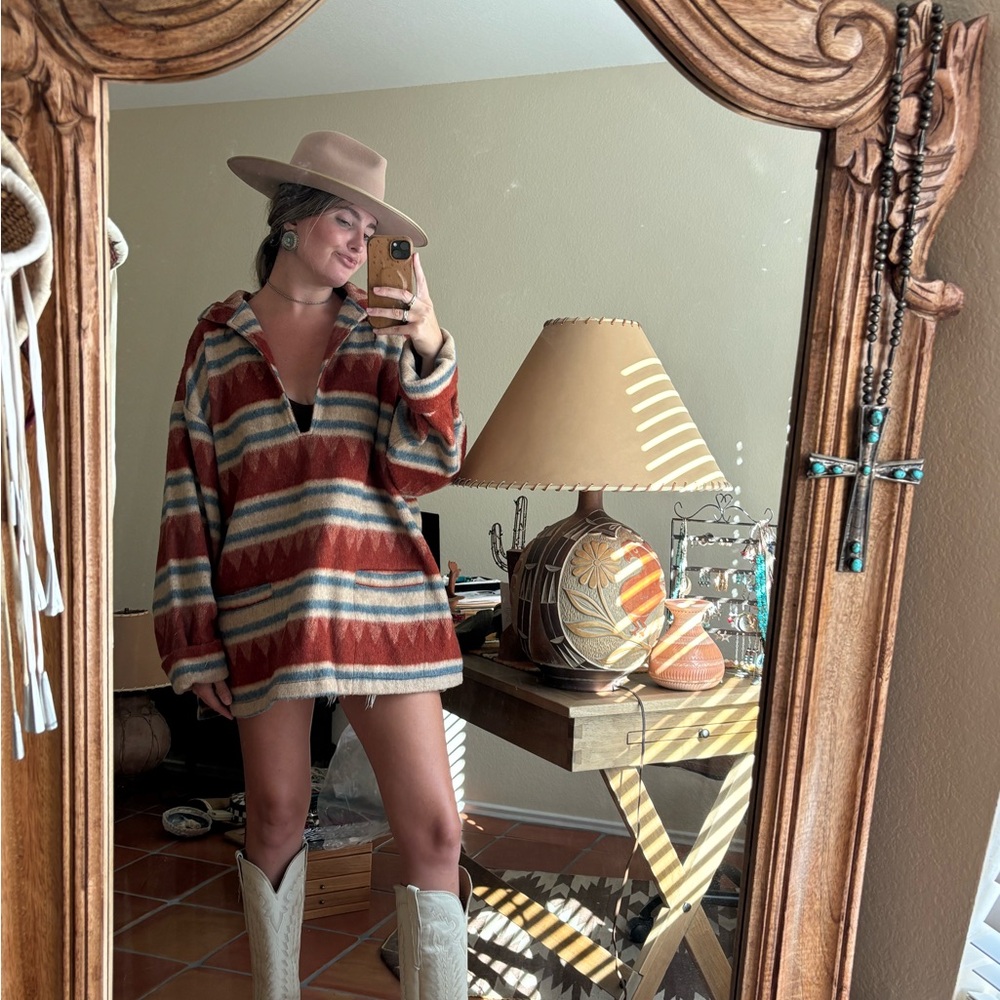 Vintage Multicolor Striped Wool Hoodie Poncho Hooded Sweater Wool Southwestern